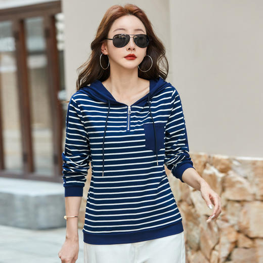 雀说新款棉长袖t恤女条纹连帽拉链口袋宽松秋款女式上衣AL82533 商品图2