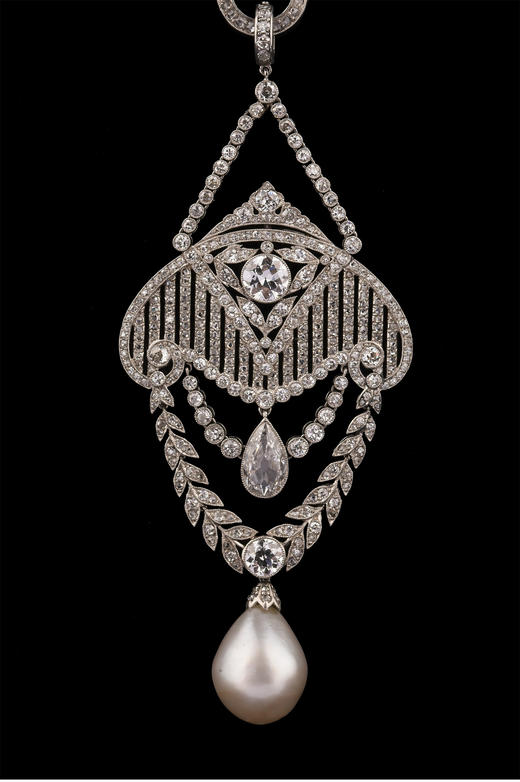 独角鹿西洋古董20世纪法国珠宝工坊Michel Ballada出品美好时代风格铂金镶嵌钻石及天然海水珍珠可拆卸式苏托尔吊坠长项链 商品图5