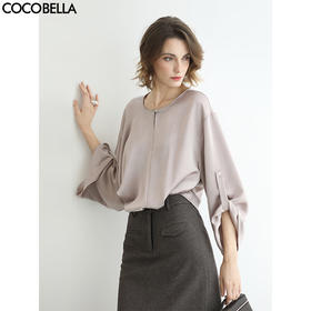 COCOBELLA设计感衬衫女秋通勤仿醋酸粉色衬衣缎面上衣SR3199