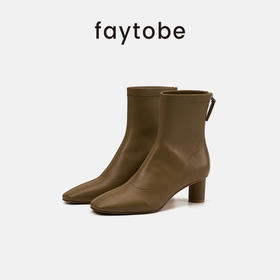 faytobe羊皮弹力靴秋冬新款休闲百搭中筒高跟短靴女极简靴子