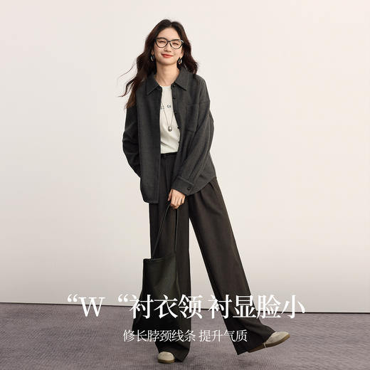 【09/10新品】熙世界格雷系灰色毛呢衬衫女2025秋新款复古宽松休闲翻领衬衣外套 商品图3