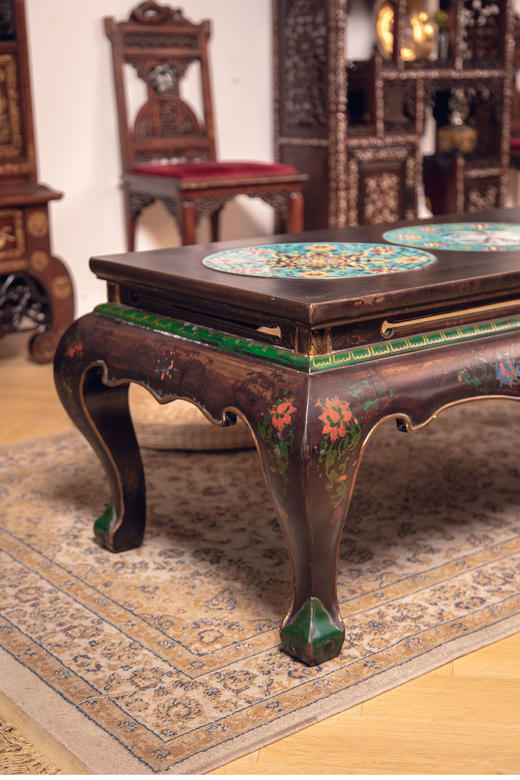 独角鹿西洋古董中国古董嵌仙鹤及宝相花纹掐丝珐琅装饰花卉主题彩漆描金实木矮几古董家具 商品图1