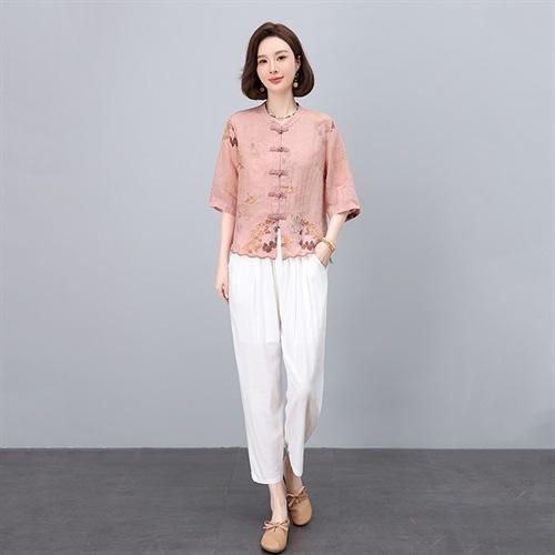 2025春复古国风苎麻印花衬衫夏季新款中式刺绣立领盘扣开两件套NJL2615 商品图0