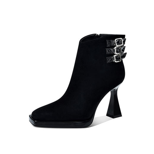 D01-062025秋冬新款真皮方头防水台粗跟短靴女厚底气质皮带扣高跟马丁靴 商品图4