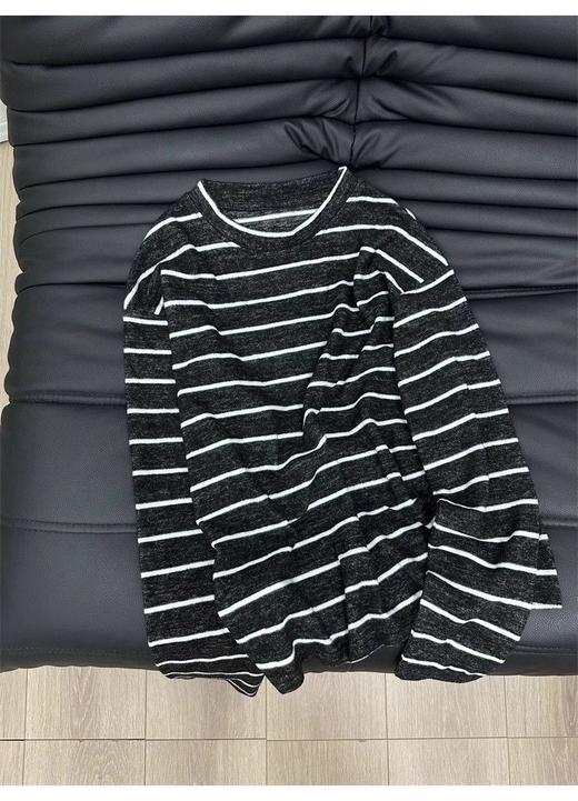 【复古条纹磨毛长袖】大码t恤女 秋冬时尚宽松打底衫早春内搭撞色上衣  商品图6