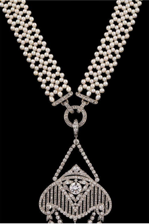 独角鹿西洋古董20世纪法国珠宝工坊Michel Ballada出品美好时代风格铂金镶嵌钻石及天然海水珍珠可拆卸式苏托尔吊坠长项链 商品图4