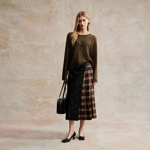 C+IMPRESS/西嘉复古格纹拼接PU皮半身裙女秋小众设计感高腰中长裙 商品图2