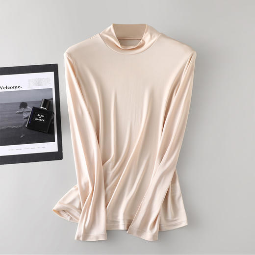 丁摩 100%桑蚕丝半高领长袖真丝亲肤透气打底上衣 商品图0