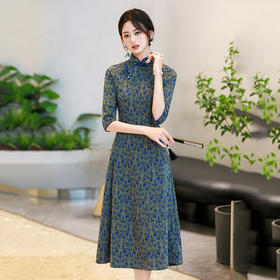 SC22018绿色显瘦妈妈装国风新中式秋季长袖旗袍2025新款女复古连衣裙春秋