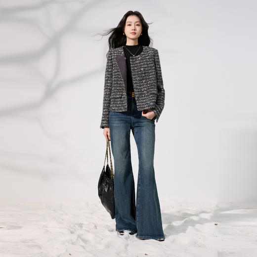 【宋轶同款】三彩2025冬季新款高腰磨毛牛仔裤休闲裤修身喇叭裤微喇长裤S 商品图3