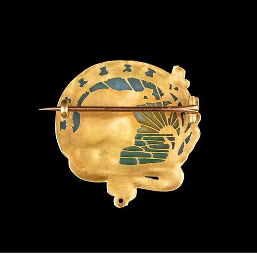 独角鹿西洋古董法国艺术家Joe Descomps与Eugène Feuillâtre合作出品新艺术风格少女侧容主题18K黄金嵌空窗珐琅胸针 商品图2