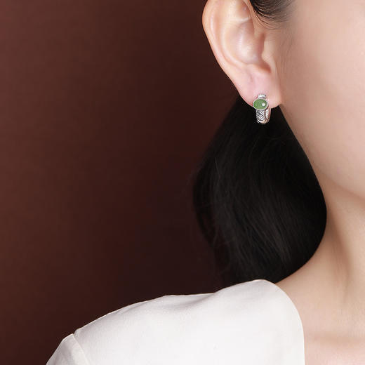 【春江晚景】S925纯银和田玉碧玉复古编织蛋面耳环【CW-EJ00531】 商品图3