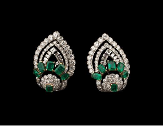 独角鹿西洋古董法国顶级珠宝品牌卡地亚出品18K黄金铂金镶嵌祖母绿钻石及珍珠可拆卸式手链/双胸针 商品图4