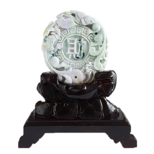 【天然正品】A货翡翠天然细腻豆种福禄寿八方来财翡翠配木架摆件淡绿、淡紫、褐黄 122.7*108.0*22.6MM（皆取最大值）中性 190825AK13 现售价：1880特价 商品图0