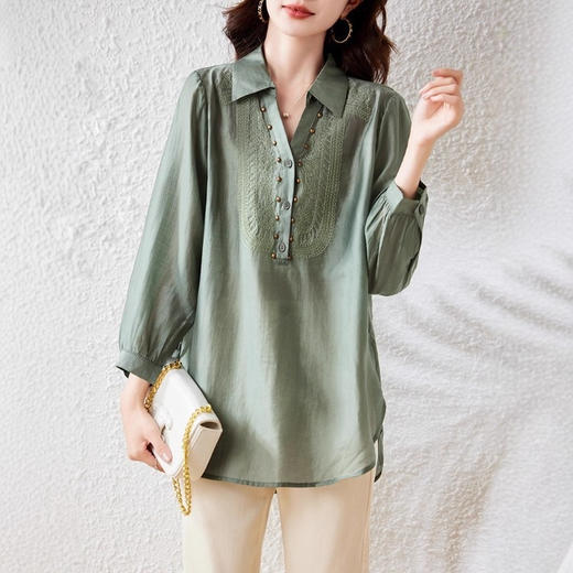 高端复古时尚灯笼袖长袖减龄衬衫上衣女胖mm秋装百搭遮肉显瘦衬衣 商品图2
