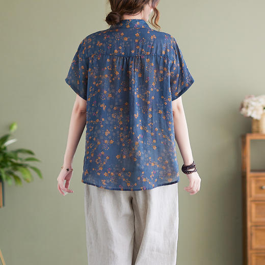 雀说显瘦立领棉麻小碎花衬衫短袖翻领气质小个子苎麻文艺上衣AL6029 商品图2