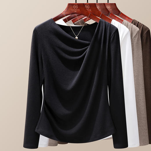 雀说气质长袖打底T恤女新款斜领抽褶设计洋气百搭上衣ALM929 商品图2