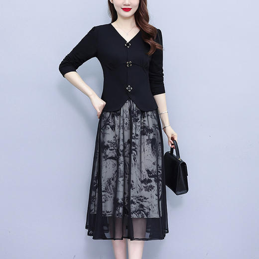 雀说黑色碎花连衣裙新款小香风气质长袖小个子时尚两件套AL2373 商品图2
