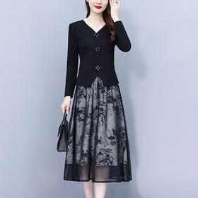 雀说黑色碎花连衣裙新款小香风气质长袖小个子时尚两件套AL2373