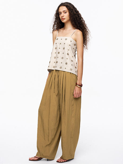 TR她热 空气裤 芥末黄抽褶显瘦百搭凉感复古宽松休闲裤 商品图3