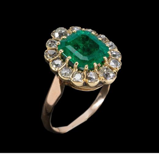 独角鹿西洋古董法国出品玛格丽特款花叶造型18K黄金镶嵌哥伦比亚祖母绿及钻石戒指 商品图4