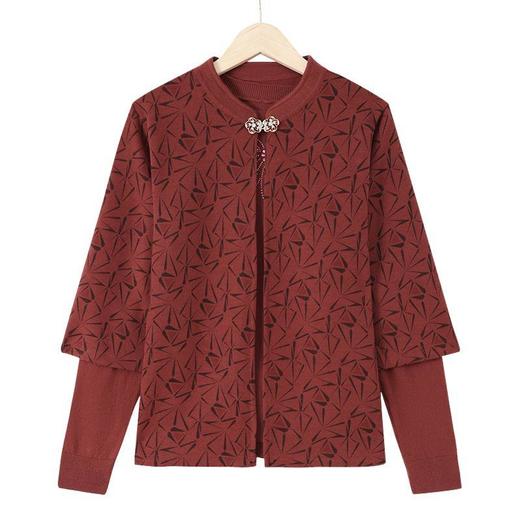 W050-3113真两件套-90-168妈妈春秋装格子毛衣外套薄款针织开衫中老年人女大码打底衫两件套 商品图4