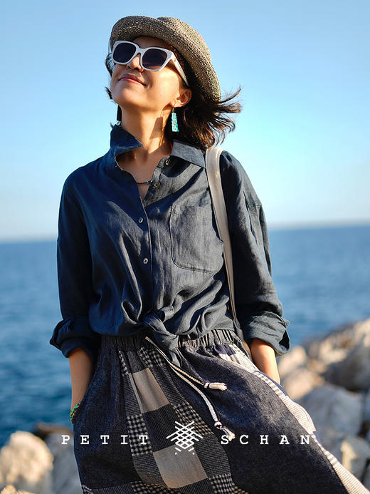 PETIT SCHAN小闪 CLO#903 Gleanings 拾遗 亚麻棉格纹拼接抽绳松紧腰半裙 商品图3