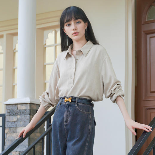 谜底半开门襟衬衫长袖女2025秋新款通勤风纯色合体衬衣257MC7873 商品图1