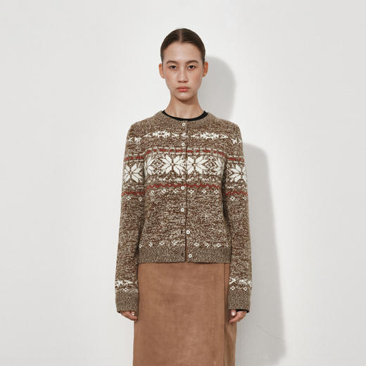 NUTH 美利奴羊毛费尔岛提花修身短款针织开衫女 棕咖色 商品图1