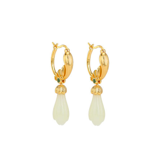 【玉兰清心】S925纯银镀金和田玉翡翠复古玉兰花耳环【CW-EJ00541】 商品图4