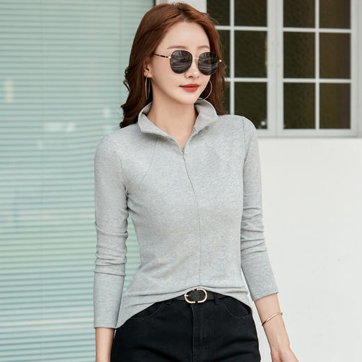 百媚生 棉质秋冬修身立领拉链内搭上衣T恤540 商品图3