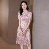 丁摩 真丝连衣裙系带短袖印花修身中长款A字裙子23011 商品缩略图0