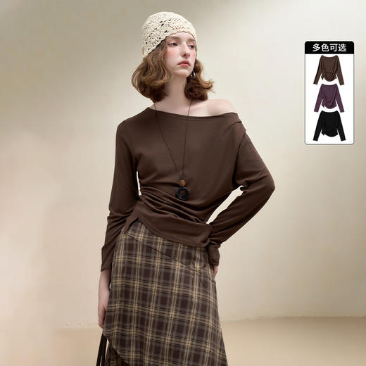 西遇韩系气质斜肩长袖T恤女秋季设计感抽褶收腰显瘦纯色上衣H0055147 商品图0