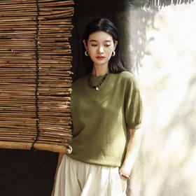 绽放旅行女装525朵/【大山的褶皱】纯羊毛圆领短袖套头毛针织衫女