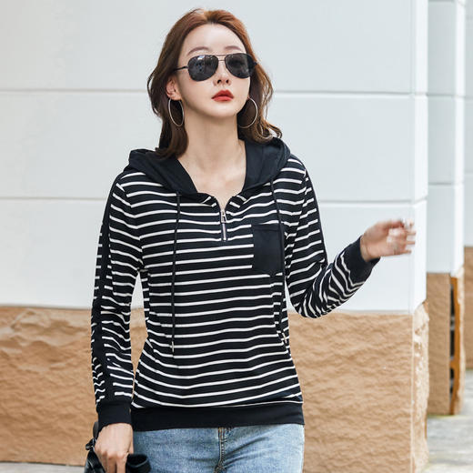 雀说新款棉长袖t恤女条纹连帽拉链口袋宽松秋款女式上衣AL82533 商品图3