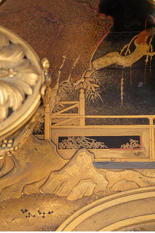 独角鹿西洋古董1880年代法国出品东方主义风格奇石枯木主题金漆莳绘面板装饰苕莨卷叶纹铜鎏金精雕嵌青瓷墨水台 商品图4