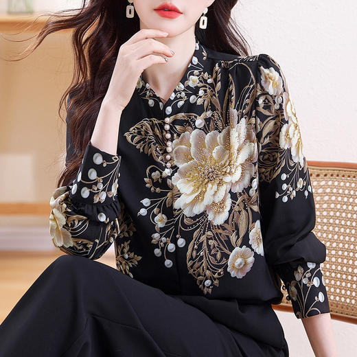 KQL C22N90223印花长袖洋气遮肚子衬衣上衣 商品图0