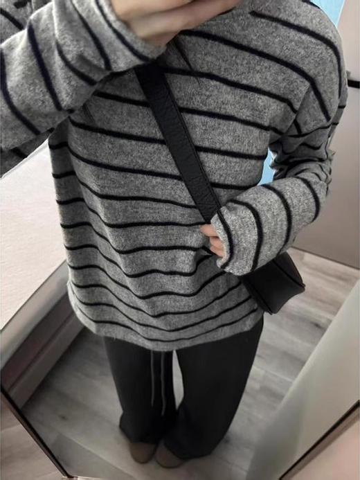 【复古条纹磨毛长袖】大码t恤女 秋冬时尚宽松打底衫早春内搭撞色上衣  商品图2