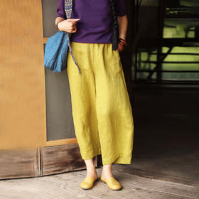 绽放女装478朵/【大山的褶皱】重磅斜纹亚麻半松紧腰九分裤休闲裤