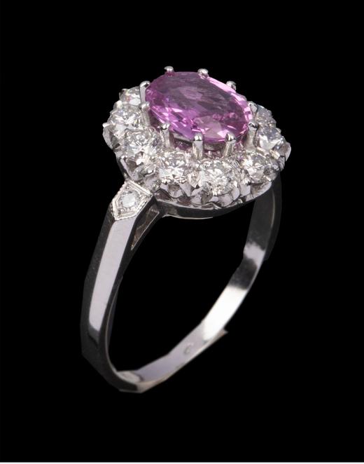 独角鹿西洋古董欧洲出品玛格丽特款花叶造型铂金镶嵌粉色蓝宝石及钻石戒指 商品图4