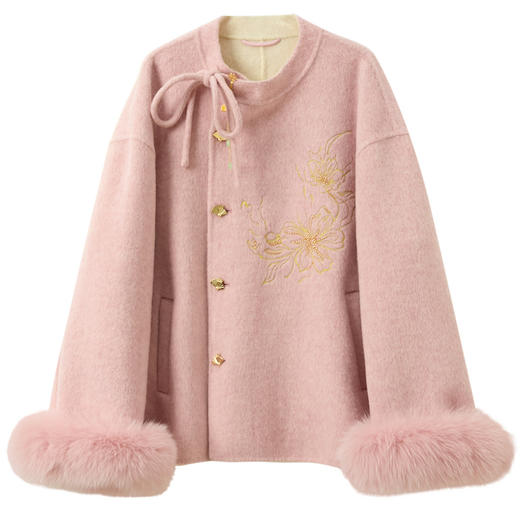 【宋轶同款】三彩[浅笑嫣然]2025冬季新款绵羊毛双面呢大衣珠绣宽松外套C 商品图6