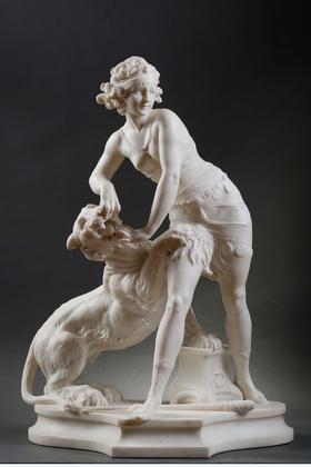独角鹿西洋古董意大利雕塑家Alfredo Morelli签名创作装饰艺术风格人物主题卡拉拉大理石雕塑作品《驯虎女神》