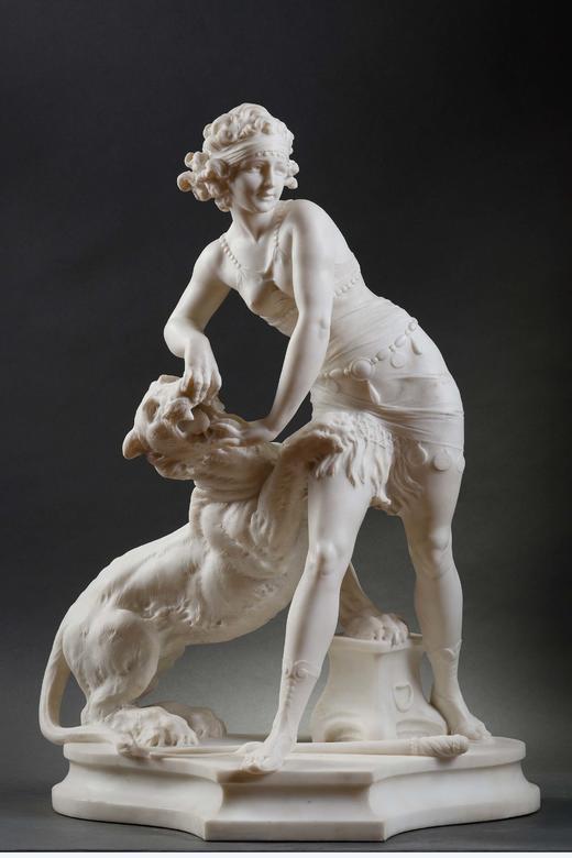 独角鹿西洋古董意大利雕塑家Alfredo Morelli签名创作装饰艺术风格人物主题卡拉拉大理石雕塑作品《驯虎女神》 商品图0