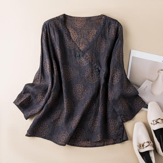 2025春新款苎麻V领碎花复古文艺衬衫宽松长袖百搭港味棉麻上衣女 商品图1