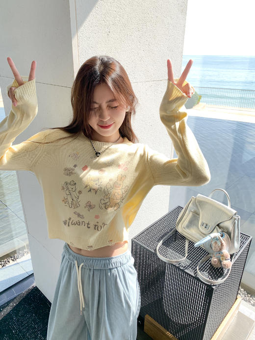 <曾小咸推荐>现货秒杀！最后一波 ！百搭米黄色印花圆领短款针织衫 日常149.99 立减90 秒杀59.99！ 商品图0