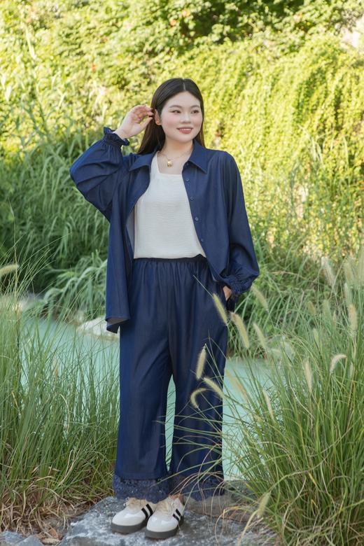 本周发货，深蓝显瘦色【仿牛仔衬衫】垂顺、挺括！尖头翻领衬衫领，面料垂顺柔软，厚度适中，微弹，中长款，正码正拍，69%聚酯纤维25.7%粘纤5.3%氨纶 商品图8