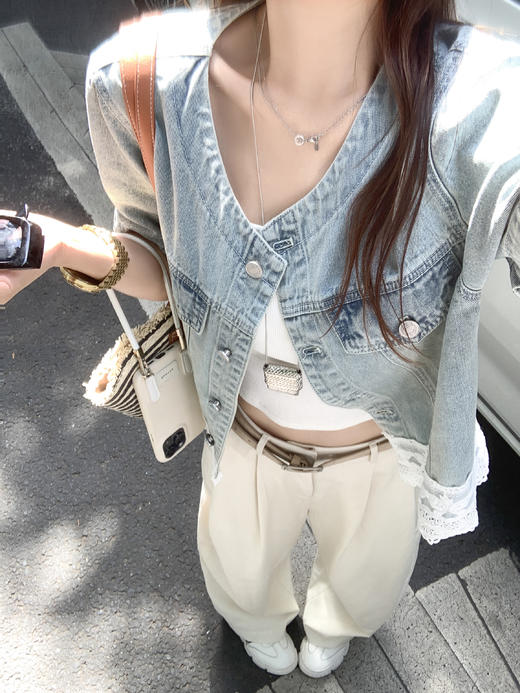 <曾小咸推荐>现货秒杀！最后一波 ！韩版蕾丝拼接圆领短袖牛仔外套 日常229.99 立减140 秒杀89.99！蕾丝半裙秒杀99.99！！休闲裤秒杀89.99！！ 商品图10