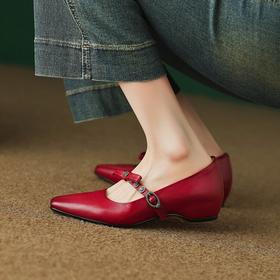 【预售5天】法式复古真皮低跟小皮鞋女新款尖头浅口单鞋一字带玛丽珍鞋HYT&MS-7439