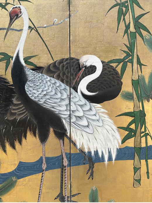 独角鹿西洋古董18世纪日本江户时期出品狩野派风格「水畔群鹤」 主题金地纸本设色六曲屏风 商品图2