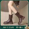 阿么手工女鞋真皮短筒后绑带时装靴秋冬复古英伦风短靴女厚底5CM 商品缩略图0